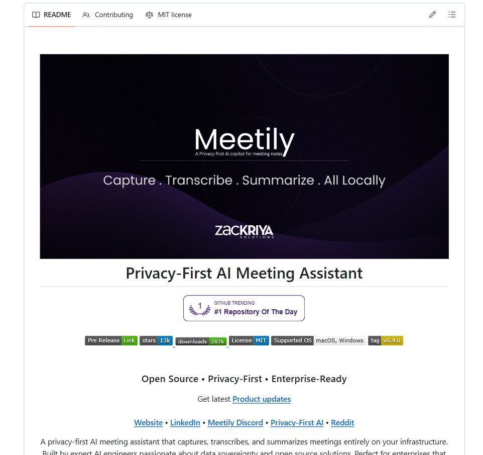 precisox's tweet photo. Meetily: El asistente de reuniones con IA 100% local y open source que realmente respeta tu privacidad.

Olvídate de enviar tus conversaciones confidenciales a servidores en la nube. 

Meetily captura el audio de tus reuniones micrófono + sistema, transcribe en tiempo real y genera resúmenes inteligentes todo dentro de tu propio dispositivo.

Lo más destacado:
- Transcripción ultra rápida: Usa Parakeet 4x más rápido que Whisper o modelos Whisper locales.
- Resúmenes inteligentes: Con Ollama totalmente local o cualquier proveedor compatible Claude, Groq, OpenRouter, etc.
- Privacidad total: 0% de datos sale de tu máquina. Perfecto para empresas con requisitos de compliance, GDPR o soberanía de datos.
- Rendimiento nativo: Apps para macOS y Windows con aceleración GPU Apple Silicon, NVIDIA, AMD/Intel.
- Funciones extras: Importar y mejorar grabaciones anteriores, mezcla profesional de audio y más.

Con más de 13.1k estrellas en GitHub, 285K+ usuarios y siendo uno de los repositorios trending del momento, Meetily se está convirtiendo rápidamente en la alternativa open source favorita frente a Otter. ai, Fireflies o Grain.

Sitio oficial:  
https://t.co/IbCCkWQuUE

Enlace al repositorio en comentarios: