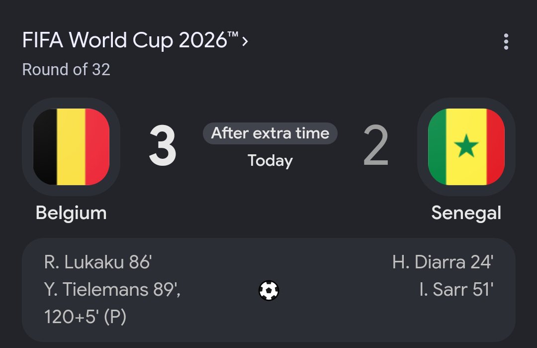 GoalRushNG_'s tweet photo. Belgium staged a stunning comeback to reach the World Cup Round of 16, overturning a two-goal deficit against Senegal to win 3-2 in extra time.
#BELSEN https://t.co/1xvC9AMjcs