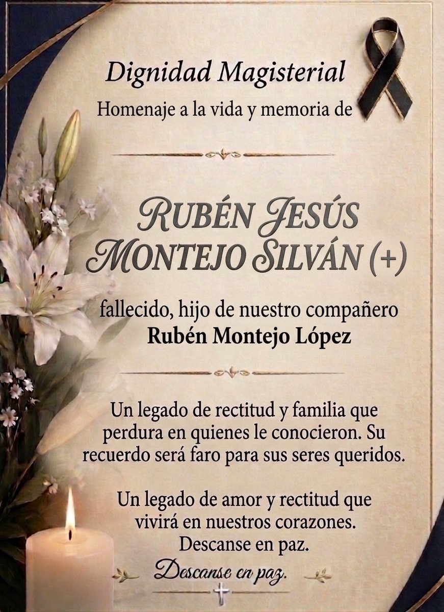 DME2027's tweet photo. Lamentamos profundamente el sensible fallecimiento de Rubén Jesús Montejo Silván (+).
Acompañamos a su familia, amigos y seres queridos en este momento de profundo dolor, elevando nuestras oraciones por su eterno descanso.
Descanse en paz. https://t.co/YhnwxqtZsp