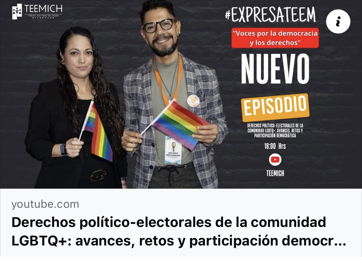 respondediver's tweet photo. Les invitamos a visionar este podcast de #ExpresaTEEM en el marco de las actividades del orgullo LGBTIAQ+ donde nuestro presidente Daniel Marín, conversa con la Mtra. Gissel, Magistrada Presidente del Tribunal Electoral del Estado de Michoacán.  

https://t.co/uu9XtfAIL0 https://t.co/1ulLUEK5fI