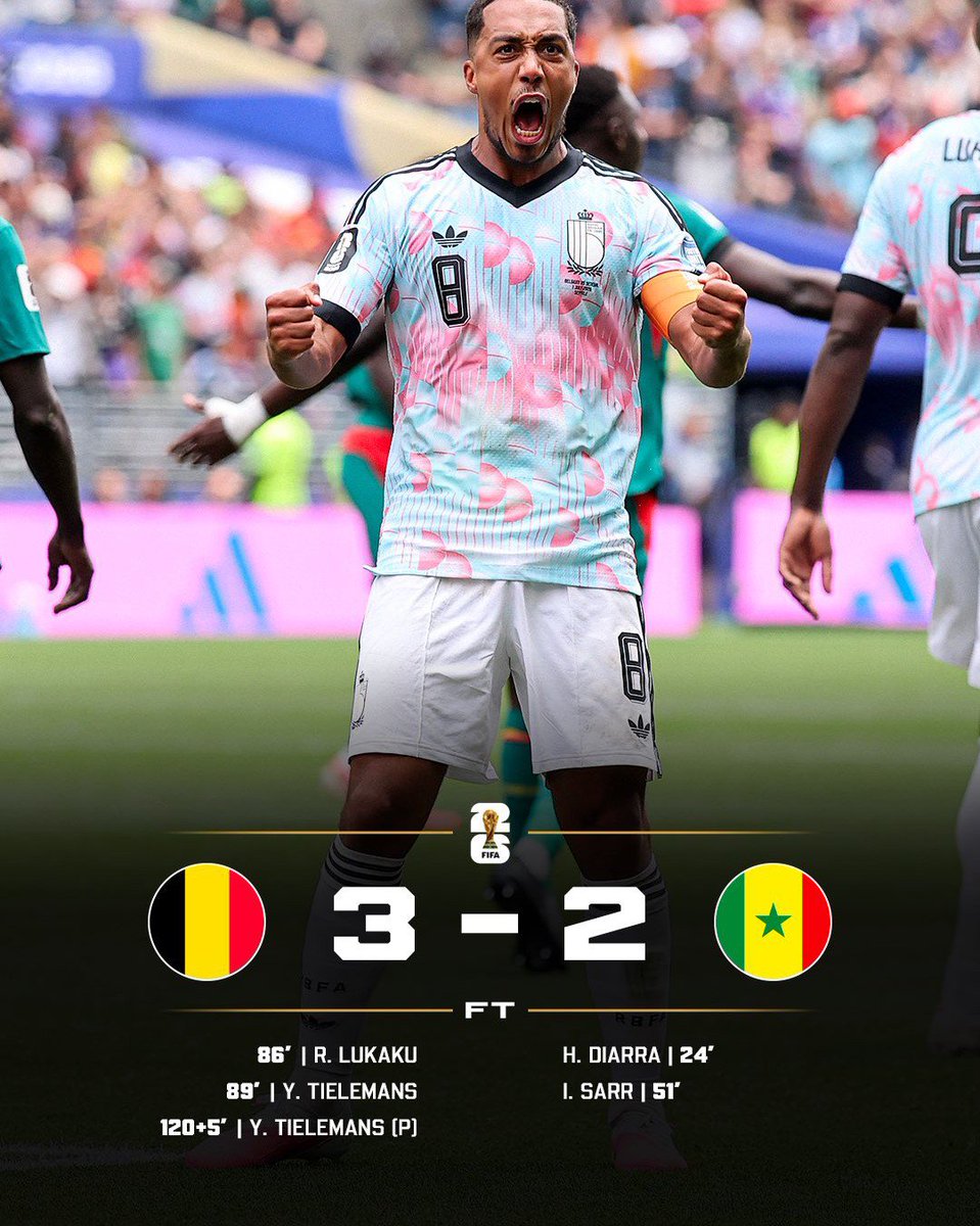 WAILALGMILI's tweet photo. ريمونتادا بلجيكية للتاريخ 🇧🇪

بلجيكا تقلب تأخرها 2-0 إلى فوز ملحمي 3-2 على السنغال وتطير لدور الـ16 بفضل ثنائية تاريخية من العازف يوري تيليمانس 🔥

#كاس_العالم_٢٠٢٦ | #السنغال_بلجيكا https://t.co/p0aezfa5IK