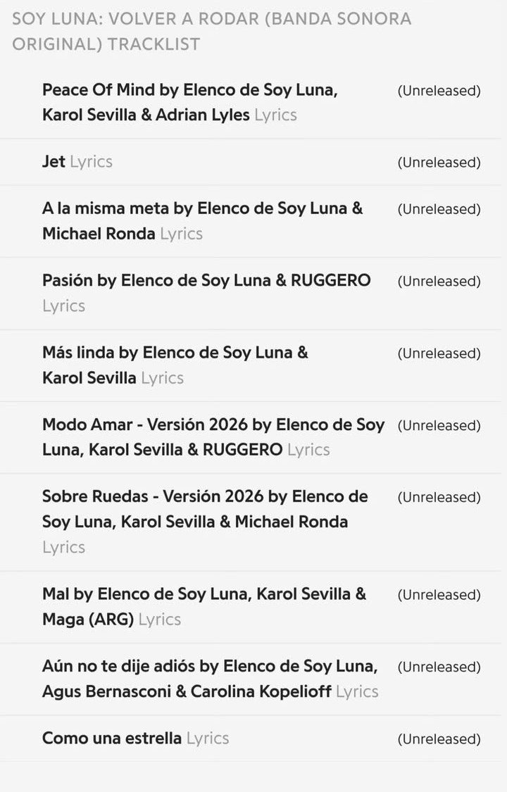 AyelenA58008's tweet photo. Al parecer están van a ser las canciones de la cuarta temporada de soy luna 👀

Odiando que no le allan dado un tema solo a K y R juntos https://t.co/De6mENBb6u