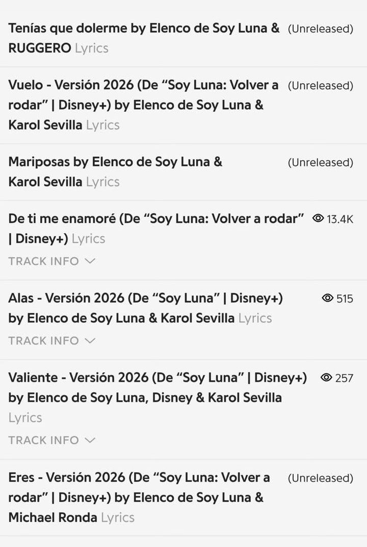 AyelenA58008's tweet photo. Al parecer están van a ser las canciones de la cuarta temporada de soy luna 👀

Odiando que no le allan dado un tema solo a K y R juntos https://t.co/De6mENBb6u