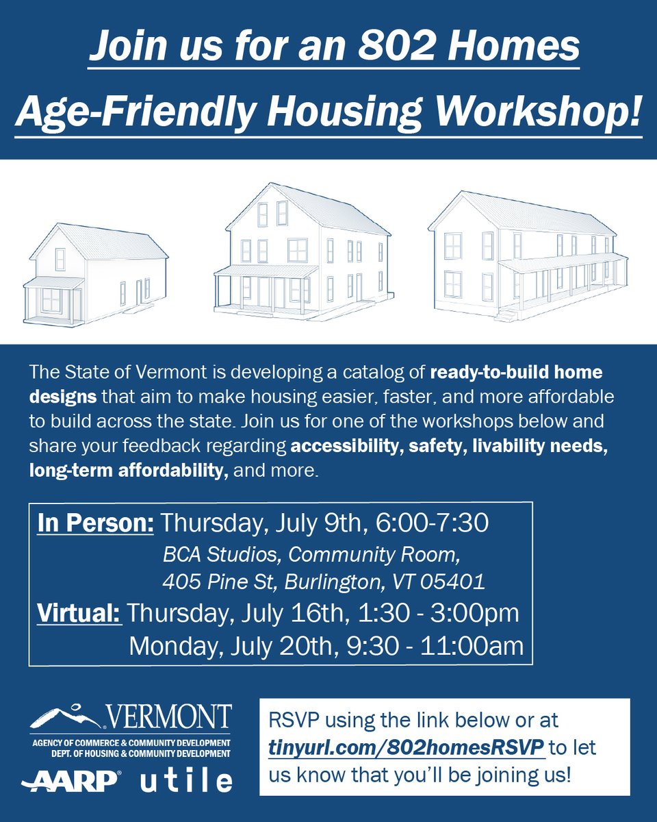AARPVT's tweet photo. 🏘️Join us on July 9 virtually or in-person in Burlington to help make housing easier, faster, and more affordable to build in Vermont. We want YOUR feedback on this!! RSVP: https://t.co/GyN2f1rkaG https://t.co/Vkf818wwgo