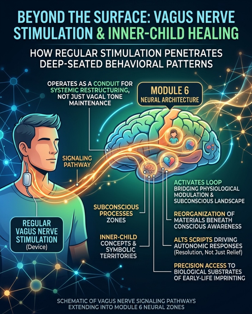 SterlingCooley's tweet photo. Vagus nerve stimulation (VNS) is frequently utilized for its immediate effects on parasympathetic tone, yet consistent application facilitates a far more profound interface with the neural architecture of Module 6. This secondary layer of engagement transcends simple autonomic maintenance, reaching the zones where inner-child frameworks and subconscious processes are seated. The stimulation functions as a precision signaling bridge into the symbolic territories that govern rooted emotional frameworks.

At this level, the nerve operates as a conduit for systemic restructuring rather than a tool for temporary symptom management. Signaling pathways extend from the peripheral stimulation site into specific neural zones, activating a loop that bridges physiological modulation with the subconscious landscape. This allows for the reorganization of materials residing beneath conscious awareness, effectively updating the biological substrates of early-life imprinting.

Consistent inputs at these frequencies alter the scripts driving autonomic responses, shifting the emphasis from acute relief toward the resolution of entrenched regulatory biases. By refining inputs to address these symbolic zones, the stimulator becomes a specialized instrument for accessing the deep-seated architectures of core emotional regulation. The process leverages the vagal pathway to penetrate long-standing behavioral patterns at their neural origin.

The current schematic of these pathways illustrates how signaling migrates from the stimulation site into the Module 6 neural zones. This mapping confirms the transition from peripheral input to central integration, where the biological and the symbolic intersect to drive lasting regulatory change.

https://t.co/a1XPBLZl4K