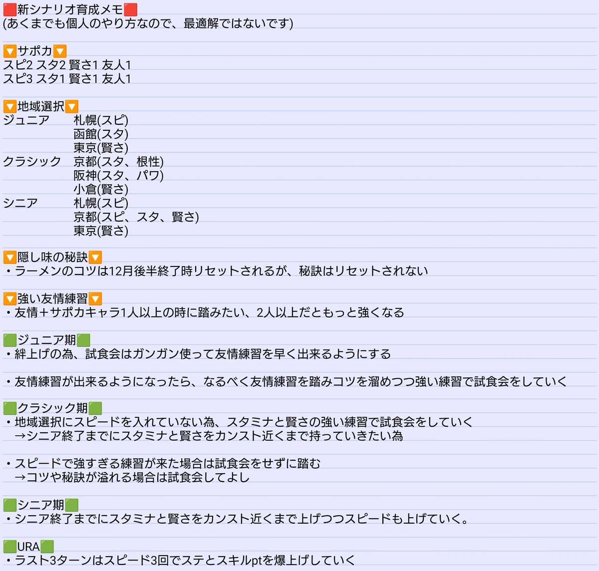 kuugo723's tweet photo. 🟥らーめん新シナリオ育成メモ🟥
評価点育成でUS8でした！
LGはまだいけてませんが、個人的な簡単な育成方法メモしたので共有しておきます！
育成方法を良くしたいので異論等があればお願いします！
ステータスは上位とさほど変わらないから、切れ者と因子の数と適性を上げれればLGウマ娘いけそう？ https://t.co/ZemUeGSXek