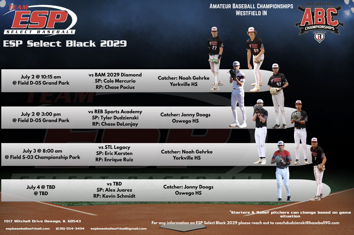 coachdudzienski's tweet photo. ESP Black 2029 @Bullpenevents for the ABC 15u. Battery Schedule for the weekend. 

#ESPTrained
@TaddGibby24 
@ESPSelect 
@alexmielcarz 
@kylemoore2020 
@derek_kubek https://t.co/d8DoL1vykd
