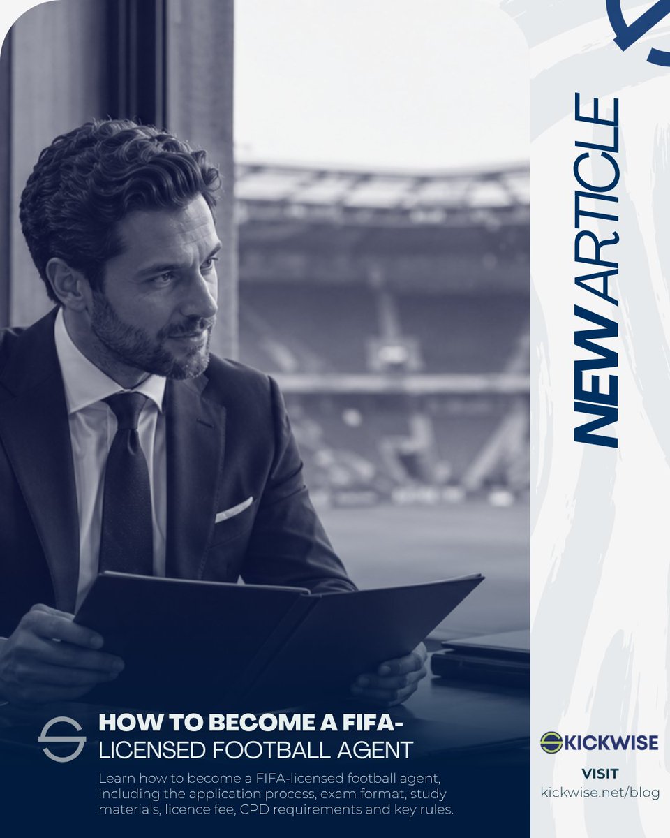 kickwisejobs's tweet photo. Becoming a football agent is now a regulated career path.
Our new Career Tips article explains the FIFA Football Agent licence process, exam format, study materials, CPD requirements and key rules.
Read now: https://t.co/2cm5I6wnwL
#FootballAgent #FIFAAgent #CareerTips #FootballCareers #Kickwise