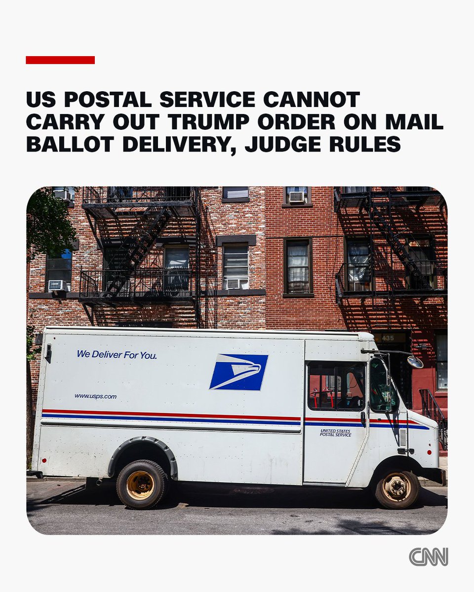 CNNPolitics's tweet photo. A federal judge blocked the US Postal Service from carrying out its plan for President Donald Trump’s mail ballot executive order, finding that the proposal violated a settlement in a 2020 lawsuit against the agency. https://t.co/rLrtNFdhYs https://t.co/YptnFGWkMu