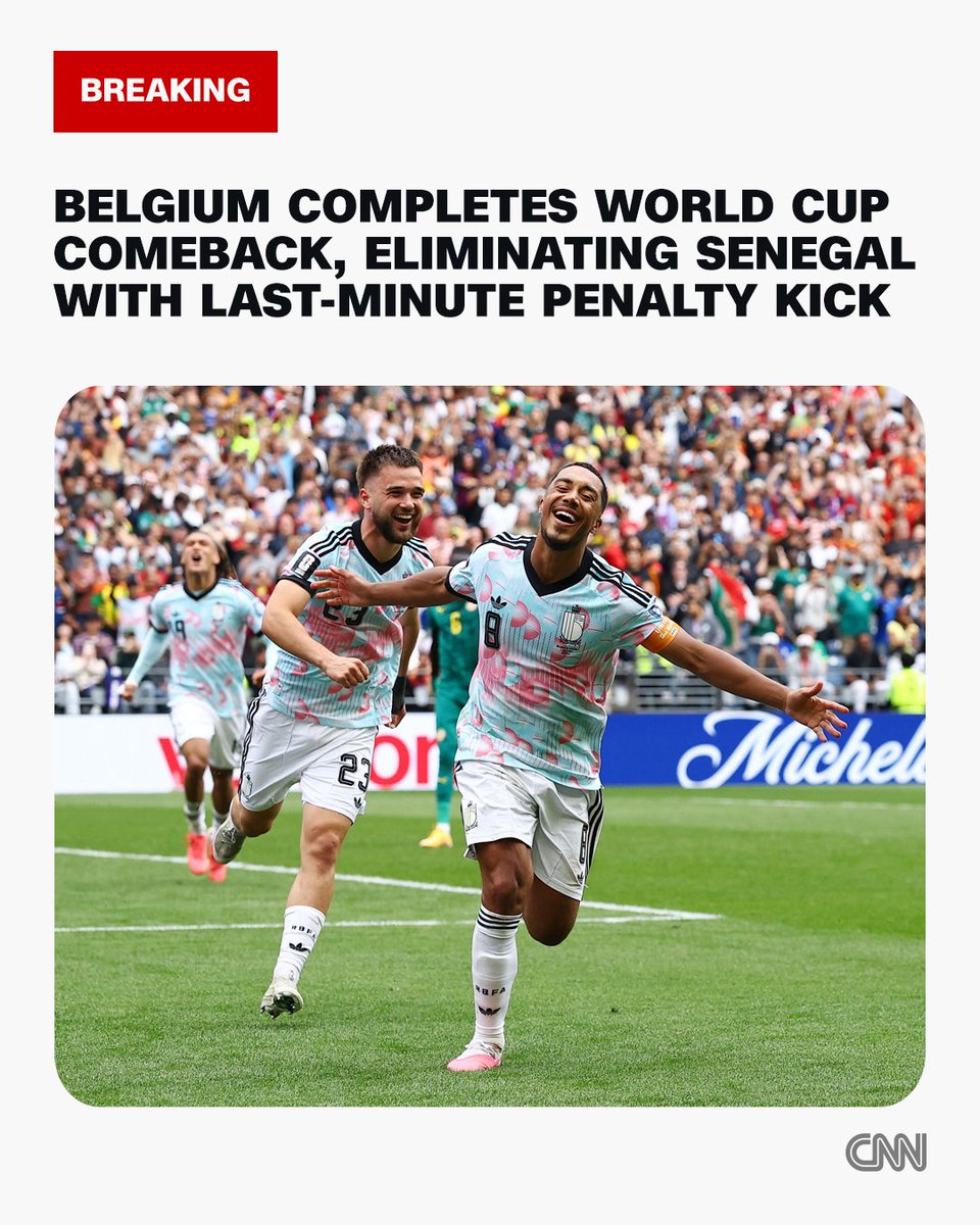 cnni's tweet photo. Belgium has completed a World Cup comeback, eliminating Senegal with a last-minute penalty kick in a dramatic ending to advance to the Round of 16. https://t.co/3H7gTs5uZ1 https://t.co/HtGU1Ikd3a