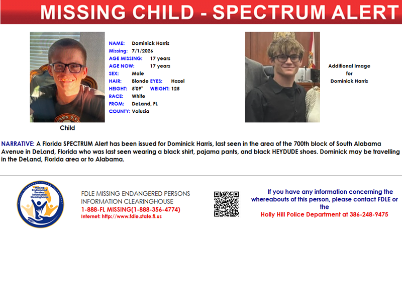 fdlepio's tweet photo. 🚨PLEASE SHARE!🚨 A Florida Spectrum Alert has been issued for Dominick Harris, a white male, 17 years old, 5 feet 9 inches tall, 125 pounds, blonde hair and hazel eyes, last seen in the area of the 700th block of South Alabama Avenue in DeLand, Florida, who was last seen wearing a black shirt, pajama pants, and black HEYDUDE shoes.  Dominick may be travelling in the DeLand, Florida area or to Alabama. If you have any information on the whereabouts of this person, please contact the Holly Hill Police Department at 386-248-9475 or 911.