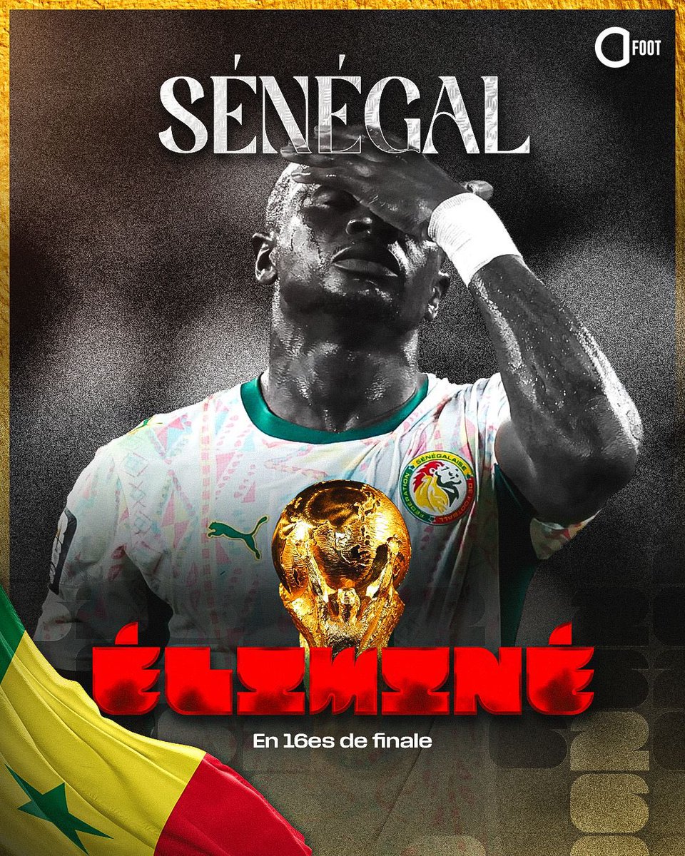 ActuFoot_'s tweet photo. Le Sénégal devient la SEULE ÉQUIPE DE L’HISTOIRE à se FAIRE ÉLIMINER en phase à élimination directe de la Coupe du monde après avoir mené par 2 buts d'écart à la 85e minute de jeu. 🇸🇳🥶❌ https://t.co/UMKn3STn8M
