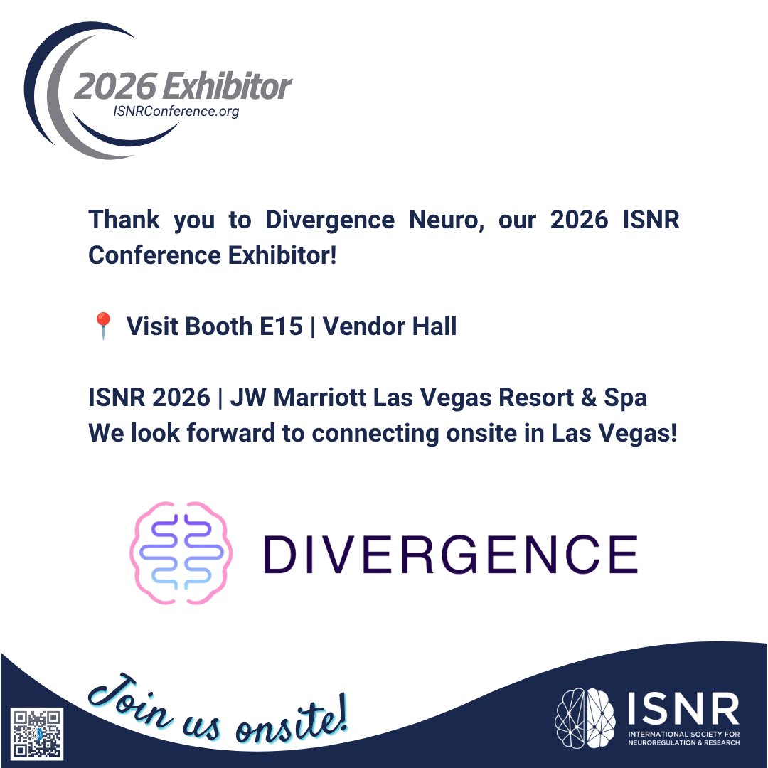 ISNRORG's tweet photo. 🧠✨ Exhibitor Spotlight | Divergence Neuro. Connect with Divergence Neuro at Exhibitor Booth E15 in the Vendor Hall during #ISNR2026 and learn more about their technologies and solutions supporting the neuroregulation community.🎓 https://t.co/7PpDiwcGy0 #LasVegas2026 https://t.co/ikiD03JJP4