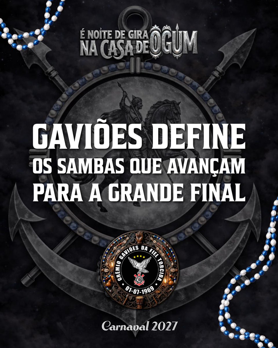 gavioesoficial's tweet photo. GAVIÕES DEFINE OS SAMBAS QUE AVANÇAM PARA A GRANDE FINAL

Salve, família!

Após a audição da comissão julgadora do Gaviões da Fiel, realizada entre os dias 22 e 30 de junho de 2026, foram definidos os 5 (cinco) sambas-enredos que se apresentarão na eliminatória, realizada em dia único.

Confira os finalistas do concurso de samba-enredo:

Samba 1: Grandão, José Rifai, Luciano Costa, Sukata, Dentinho do Morro, Fadico, Marcelo Paschoal JB, Gabriel Lima, Alex Biro Morganti, Oliveira, Neck e Andrezinho

Samba 3: Samir Trindade, Leo Trindade, Marcelo Silva, JB Oliveira, Deco, Masterson Alves, Márcio Keleque, Armandinho do Cavaco

Samba 7: MC Hariel, Minuettos, Renato do Pandeiro, Rica Leite, Luciano Rosa, Cacá Mascarenhas, Eduardo Regianno, Vini, Beto Cabeça, Portuga, Alves, Rafa Cria, Imperial, Biro e Willian Tadeu.

Samba 12: Cláudio Russo, Luiz Antônio Simas e Chico Poeta

Samba 23: Nelsinho Velha Guarda, Diego Nicolau, Nando do Cavaco, Dom Alvaro, Caio Ricci, Cauê Ricci, Guinê, Alcides Jr, Juninho da Vila, Bruno Galasso e André Filosofia

A finalíssima ocorrerá no próximo dia 17 de julho e terá transmissão da Rádio Livre Gaviões e Gaviões TV, no YouTube.

Em breve, você poderá ouvir os sambas no canal oficial do Gaviões no Youtube.

Para o próximo Carnaval, o Gaviões levará ao Anhembi o enredo “É Noite de Gira na Casa de Ogum”, que propõe uma imersão na Umbanda, reconhecida em nosso desfile como uma expressão legítima, viva e contemporânea da espiritualidade brasileira.

O projeto do Carnaval 2027 é assinado pelos carnavalescos Júlio Poloni e Rayner Pereira, responsáveis pela concepção artística que levará à avenida a força simbólica de Ogum e o universo espiritual da Umbanda.

Vamos em busca da quinta estrela!

#TorcidaQueSamba #GaviõesNoCarnaval #Carnaval2027