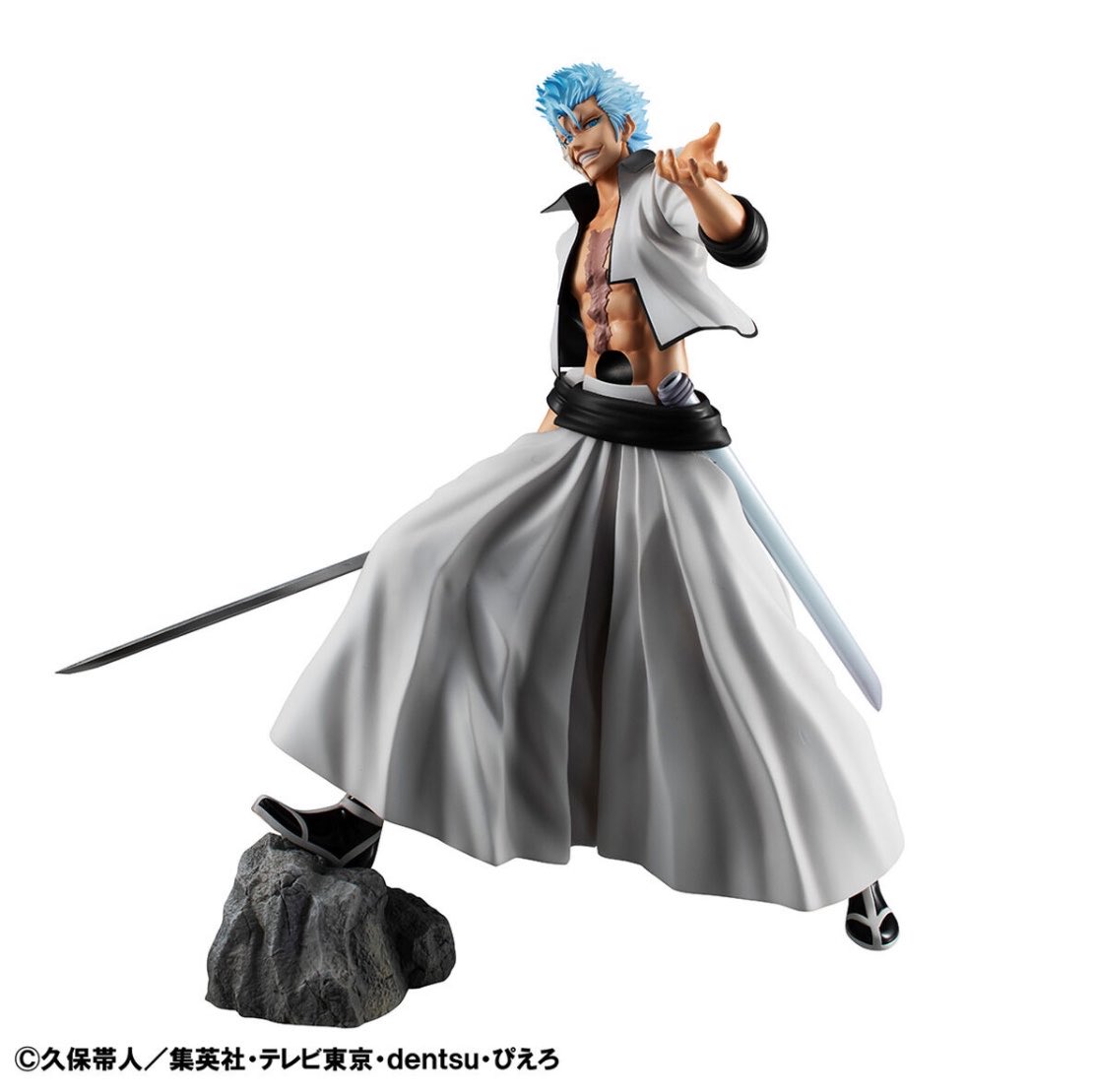 k42wKKihKBGTvXv's tweet photo. TVアニメ『BLEACH』より
現「十刃(エスパーダ)」のNo.6「グリムジョー・ジャガージャック」が
G.E.M.シリーズに再登場です。
好戦的な彼の性格を全面的に押し出したポーズと表情に注目！
右顎の仮面や腹の孔、白い死覇装など細かな部分も魅力的に
造形・彩色しました。 https://t.co/wn1Rh6fHbW