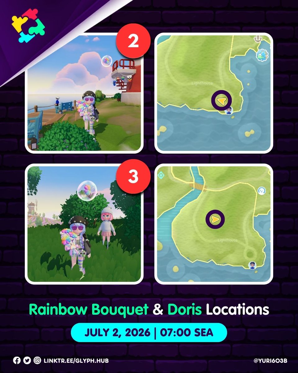 Glyph_Hub's tweet photo. [Heartopia]

Doris &amp; Rainbow Bouquets Locations
JULY 2, 2026 (will lasts 6 real-time hours)

Collect and use these bouquets for a 30-minute Rainbow Blessing to get better star ratings in fishing, cooking, and catching insects.

#Heartopia #HeartopiaGuide #RainbowBouquet https://t.co/V3iBnu5b2T