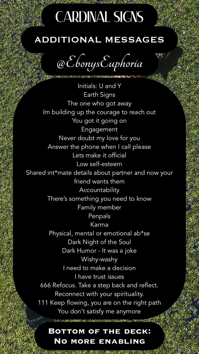 ebonyseuphoria's tweet photo. You don’t satisfy me anymore
Bottom of the deck:
No more enabling
YES/NO/MAYBE: MAYBE
#aries #leo #sagittarius #cancer #scorpio #pisces #gemini #libra #aquarius #taurus #virgo #capricorn #mutablesigns #fixedsigns #cardinalsign #earthsign #airsign #watersign #firesign https://t.co/XRv9ThyBf0