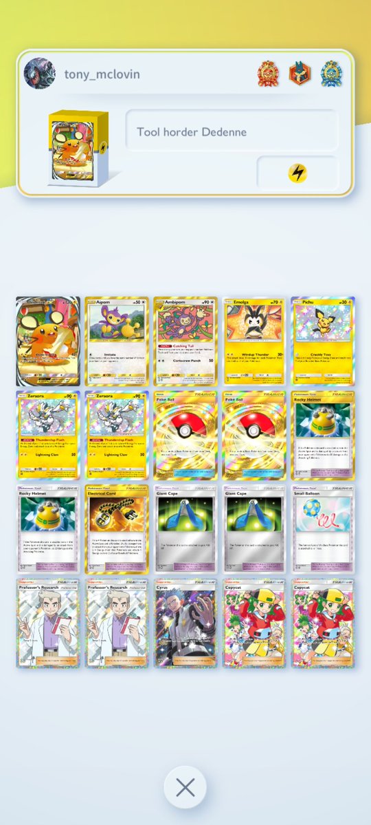 tigerx48's tweet photo. Updated my dedenne ex deck. I got inspired by luckycad's aipom/ambipom tech. Its not meta but it feels decent. #pokemon #pokemontcgpocket https://t.co/FEg8W46aL7