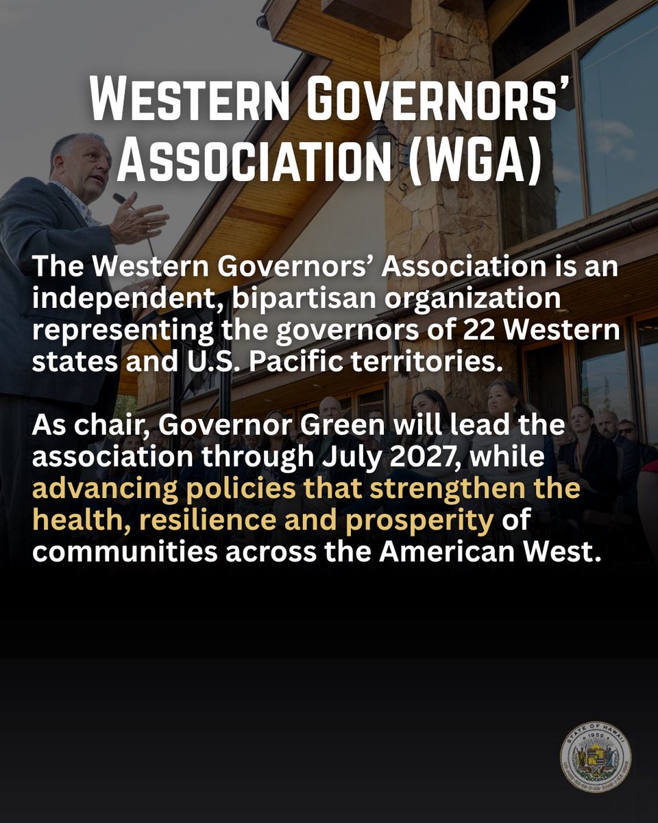 GovHawaii's tweet photo. Governor Josh Green has officially assumed the chairmanship of the Western Governors' Association (@westgov), a bipartisan organization representing the governors of 22 Western states and U.S. Pacific territories. https://t.co/bZXvOqZxaI