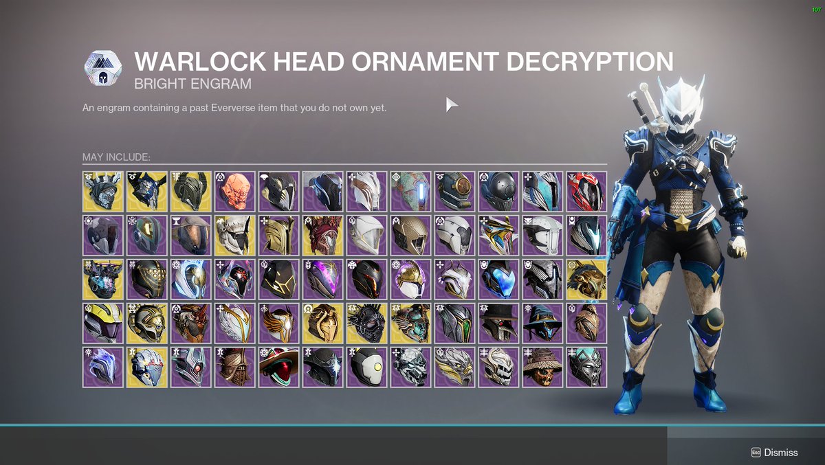 plvnets's tweet photo. @Destiny2Team The full Knightly Noire titan set and the Painted Kitsune warlock set seemingly disappeared from my bright engram decryption over the last week or so and I've yet to unlock any of the pieces. The 1st ss is from June 9 -16th and the others are from td. Were they removed? @A_dmg04 https://t.co/Zh5LSdxWII