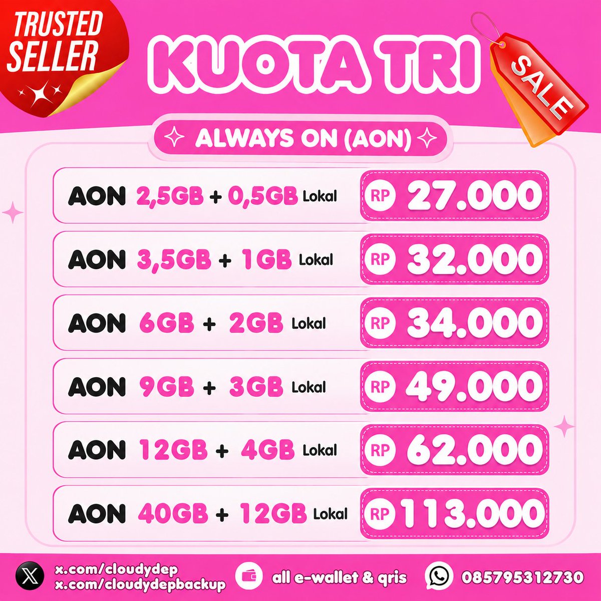 cloudydep's tweet photo. — KUOTA TRI 3 —
ready tri happy bulanan, harian, fup, AON, promo murah

🔖 proses cepat 
✅ trusted since 2021 [https://t.co/lEPviJIw6R]
👩‍💻 fast respon : https://t.co/RNrGpxUWWz
↪️ update harga dan promo : https://t.co/r5nJCSTYhD

#zonauang t. paket three 40GB 100GB 150GB https://t.co/HqkeUWcGSm