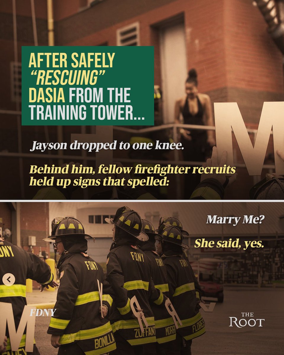 TheRoot's tweet photo. During an FDNY academy Family Day demonstration, firefighter recruit Jayson Ralph surprised his girlfriend, Dasia Moore, with an unforgettable proposal after a mock rescue. With the help of his fellow recruits, he turned a training exercise into a moment they’ll never forget! https://t.co/Ti3R0we7L9