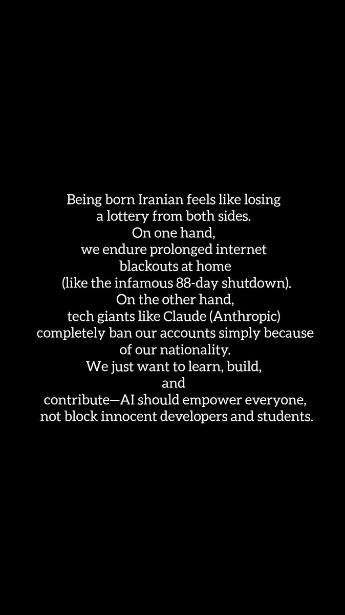PARSAALAVI2022's tweet photo. Why do you banned Iranian 🇮🇷 accounts in Claude AI?
@AnthropicAI @claudeai
@DanielaAmodei @DarioAmodei @mikeyk @jackclarkSF @NotTomBrown
#ClaudeAI
#Anthropic
#ArtificialIntelligence
#Developers
#ComputerScience
#OpenSource
#Education
#FairAccess #ClaudeAI #AIForAl #Iran https://t.co/OWmbDfb14N