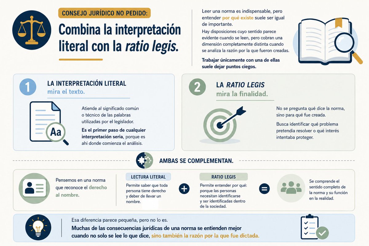 RaquelCharq's tweet photo. Consejo Jurídico no pedido:
Combina la interpretación literal con la ratio legis.

Leer una norma es indispensable, pero entender por qué existe suele ser igual de importante. Hay disposiciones cuyo sentido parece evidente cuando se leen, pero cobran una dimensión completamente distinta cuando se analiza la razón por la que fueron creadas.

Trabajar únicamente con una de ellas suele dejar puntos ciegos.

-La interpretación literal mira el texto.
Atiende al significado común o técnico de las palabras utilizadas por el legislador. Es el primer paso de cualquier interpretación seria, porque es ahí donde comienza el análisis.

-La ratio legis mira la finalidad.
No se pregunta qué dice la norma, sino para qué fue creada. Busca identificar qué problema pretendía resolver o qué interés intentaba proteger.

Ambas se complementan.

Pensemos en una norma que reconoce el derecho al nombre. Una lectura literal permite saber que toda persona tiene derecho y deber de llevar uno. La ratio legis permite entender por qué: porque las personas necesitan identificarse y ser identificadas dentro de la sociedad.

Esa diferencia parece pequeña, pero no lo es. Muchas de las consecuencias jurídicas de una norma se entienden mejor cuando no solo se lee lo que dice, sino también la razón por la que fue dictada.