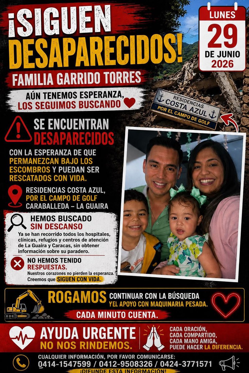 sieresydiota's tweet photo. ‼️‼️‼️ACTUALIZACIÓN DEL CASO DE LA FAMILIA GARRIDO TORRES

📍 Res. Costa Azul, La Guaira. Necesitamos apoyo logístico: Mandarrias (urgente), Gasoil en Santa Paula (Caracas) + voluntarios con transporte. 0414-1547599 / 0412-9508326 / 0424-3771571 https://t.co/j1MugF6CXf
