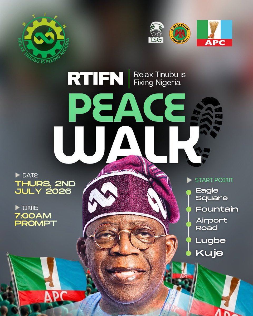RelaxTinubuIsFN's tweet photo. 🇳🇬 RELAX TINUBU IS FIXING NIGERIA PEACE WALK

Join us for the RTIFN Unity Peace Walk in Abuja as we come together to promote peace, unity, and highlight the achievements of President Bola Ahmed Tinubu.

📍 Abuja

#RelaxTinubuIsFixingNigeria #RTIFNPeaceWalk https://t.co/yXwUi5fwo7