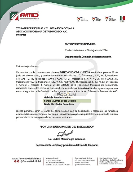 revistapodium's tweet photo. ¡NOMBRAMIENTOS!
En documento emitido el día de ayer, la Federación Mexicana de Taekwondo A.C., designa a Gabriela Paredes Martínez, Sandra Guzmán López Velarde y Nadia Hernández Castañeda, como integrantes de la Comisión Reorganizadora de la Asociación Poblana de Taekwondo A.C. https://t.co/IzWzW52Xhv