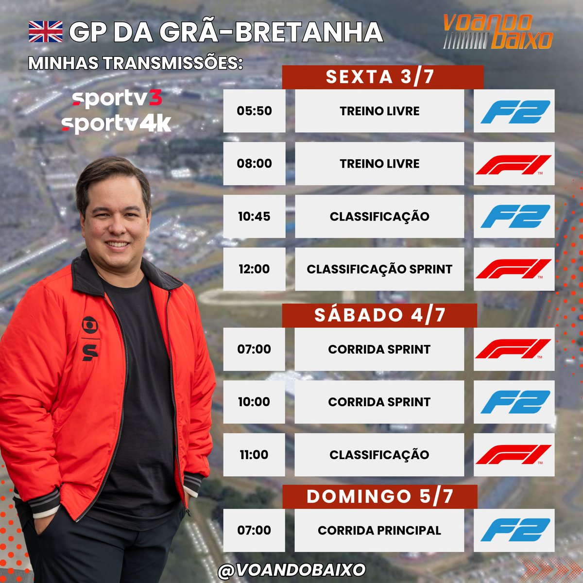 voandobaixo's tweet photo. Minhas transmissões do fim de semana!
#F1 #F1noGE #F1nosportv #Formula1
(Repostado porque a outra arte tinha um errinho nas datas. Acontece.) https://t.co/DKBHsCuhwg