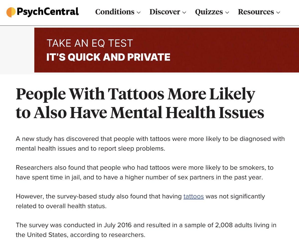 Partisangirl's tweet photo. The higher the income, the less likelihood of having a tattoo.

People with Tattoos are more likely to have mental illnesses

Tattoos cause autoimmune disorders.

Tattooed people are more likely to commit a crime.

So if you have a tattooed, you are more likely to be poor, sick, criminal and mentally ill.