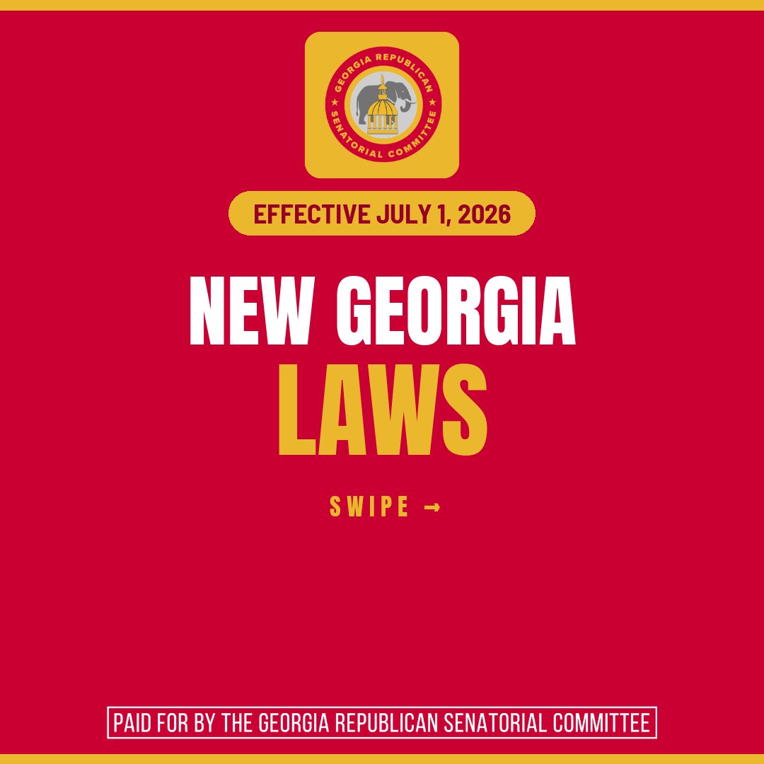 GASenateGOP's tweet photo. As of July 1, new laws are officially in effect across Georgia! 

Swipe through to see what's changing: safer streets, stronger schools, lower taxes, and real protections for Georgia families.

From the Distraction-Free Education Act to a fentanyl crackdown to another income tax cut — this is what conservative leadership looks like.

Georgia Republicans are keeping the promises we made. 👉

#gapol #GaSenate #GASenateGOP #Georgia #July1
