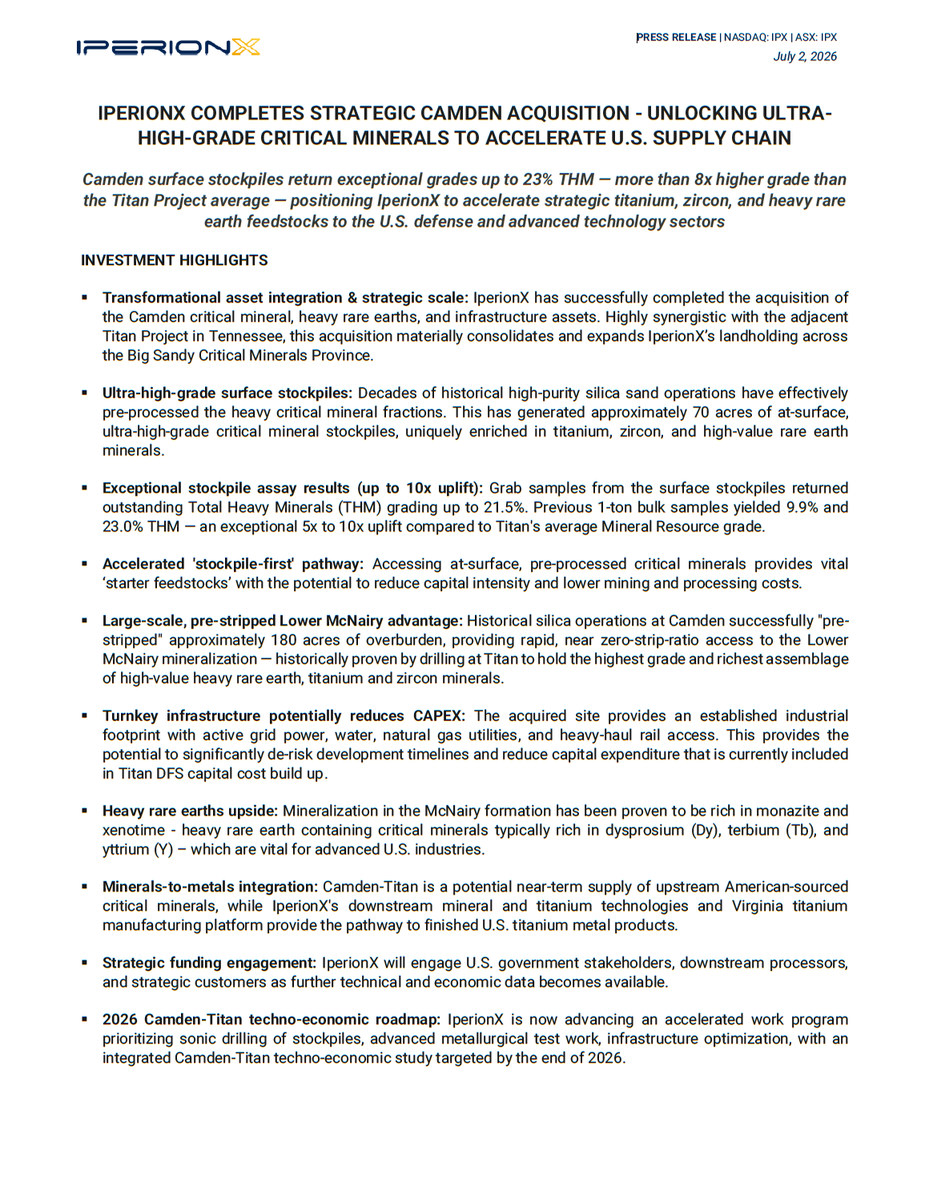 iperionx's tweet photo. IperionX has completed the acquisition of the Camden project - unlocking ultra-high grade minerals to accelerate the U.S. supply chain.

The Camden surface stockpiles have returned exceptional grades up to 23% THM - more than 8x higher grade than the Titan Project average - positioning IperionX to accelerate strategic titanium, zircon, and heavy rare earth feedstocks to the U.S. defense and advanced technology sectors.

Full release: https://t.co/cGlqlkmKOJ

$IPX $IPX.AX #titanium #rareearths #dysprosium #terbium #yttrium