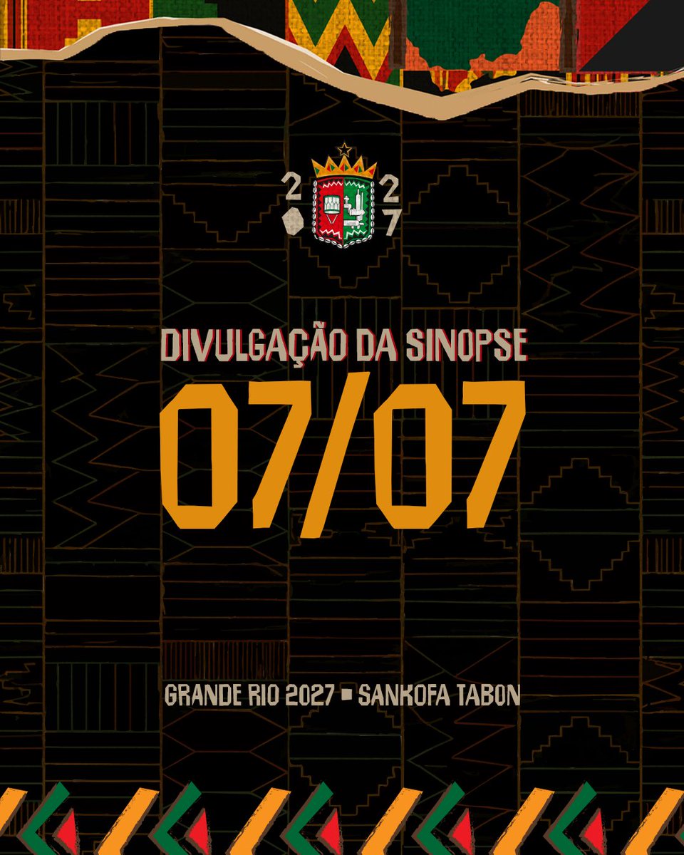 Granderio's tweet photo. Próxima etapa ➡️ Divulgação da Sinopse do nosso enredo para o #Carnaval2027. ⏳

Esperamos todos os componentes para um encontro muito especial em nossa quadra na próxima terça-feira, dia 07/07, às 20h. ★ https://t.co/krxlmF9xaj
