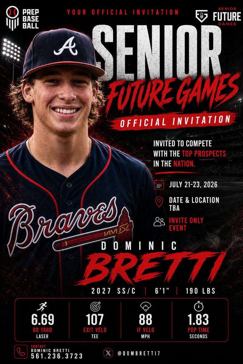dombretti7's tweet photo. Honored and excited to announce that I've been invited to the 2026 Prep Baseball Senior Future Games, one of the nation's premier events for the top uncommitted Class of 2027 prospects.

Looking forward to competing against the best and continuing to prove myself.

2027 SS/C
 Wellington Sports Academy
 Atlanta Braves Scout Team
 6.69 Laser 60
 107 MPH Exit Velo
#FutureGames #PrepBaseball #2027Grad #Uncommitted #BaseballRecruiting