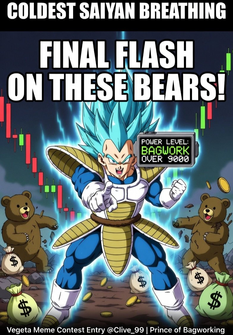 Mep8o's tweet photo. @Clive_99 My entry for the Vegeta meme contest  

COLDEST SAIYAN BREATHING activated in the trenches 💪 
These bears can't handle the final form bagwork!

#VegetaMemeContest $CLIVE https://t.co/6r0PMoKHcH