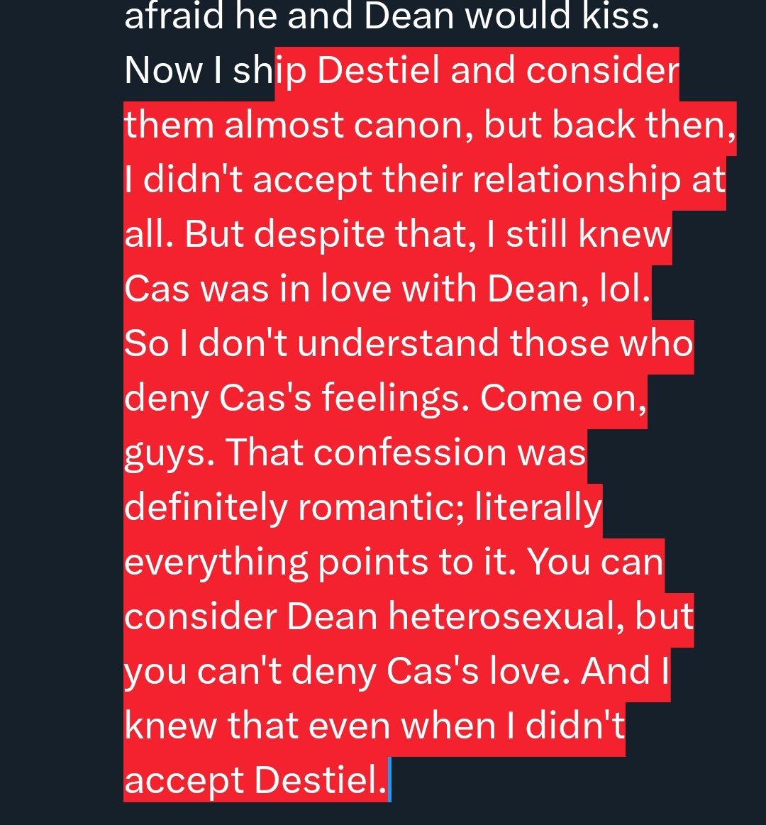 CharlieSPNFami1's tweet photo. @agoobear English isn't my native language, so there may be errors. I'm using a translator, I just couldn't ignore it.
When I first watched Supernatural, I was 14. And I remember when 15x18 came out and I watched it, after Castiel's confession, I was afraid he and Dean would kiss. https://t.co/0vyFmR23yw