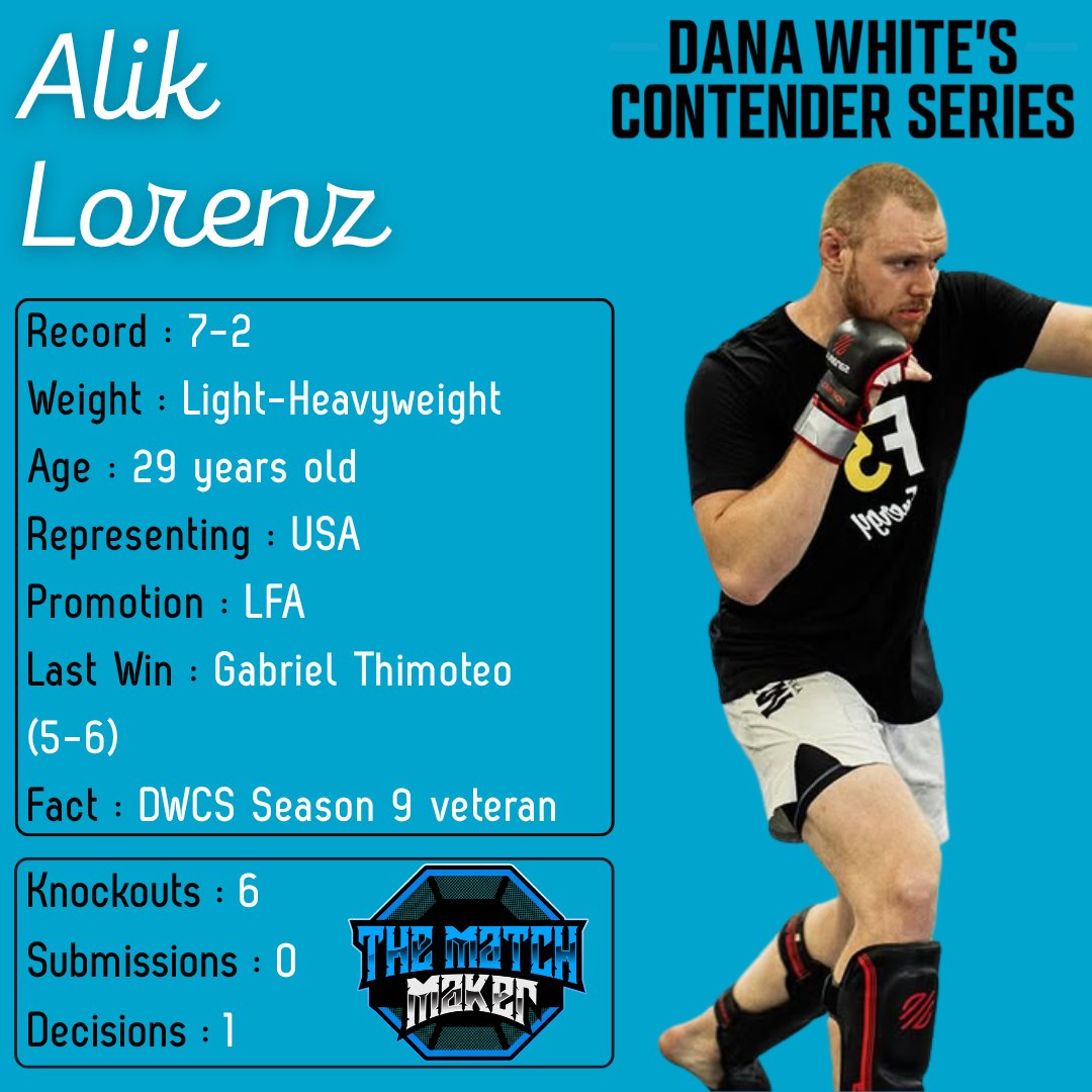 MMA__Matchmaker's tweet photo. 🚨DWCS NEWS🚨

🇺🇸Alik Lorenz (7-2) is back on #DWCS ! Fights 🇧🇷Mahamed Aly (5-1) date TBC

#UFC #MMA https://t.co/ukOkHBKkNN