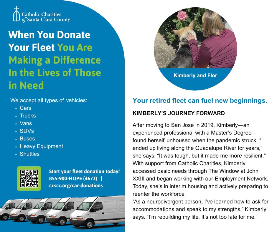 CatholicCharSCC's tweet photo. Your retired fleet donation drives real change! Kimberly, an experienced professional, overcame homelessness with support from Catholic Charities' employment programs. 
Give today! 
855-900-HOPE (4673) | https://t.co/nXfu9Zrdfi #donateyourcar #donateyourfleet #SanJose https://t.co/sodS9k7qbv