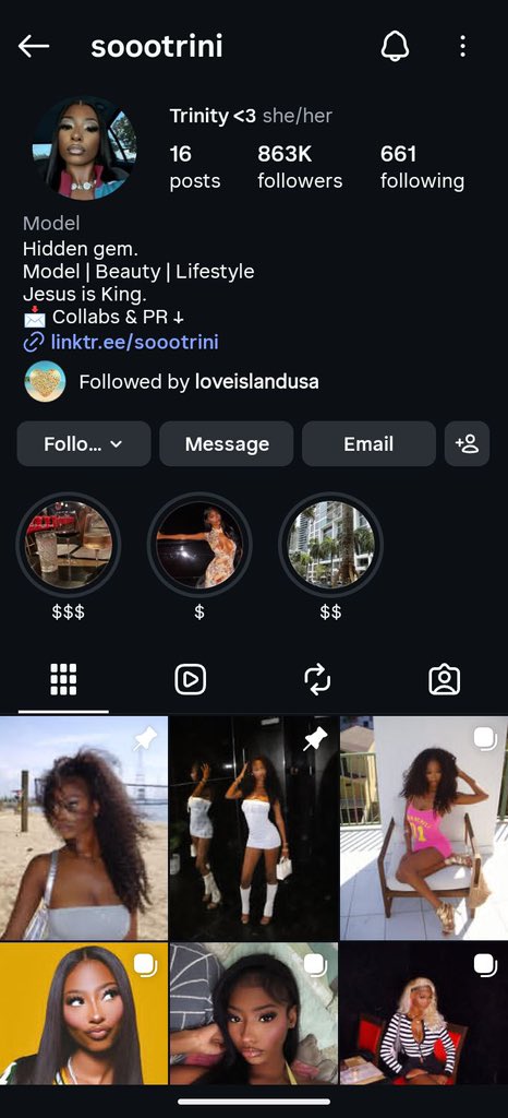 succykelly's tweet photo. Trinity instagram is growing at the speed of light damn 
She’s the biggest for a reason 1 million followers before Saturday 😭
#loveislandusa https://t.co/3QZ7P7cHRd