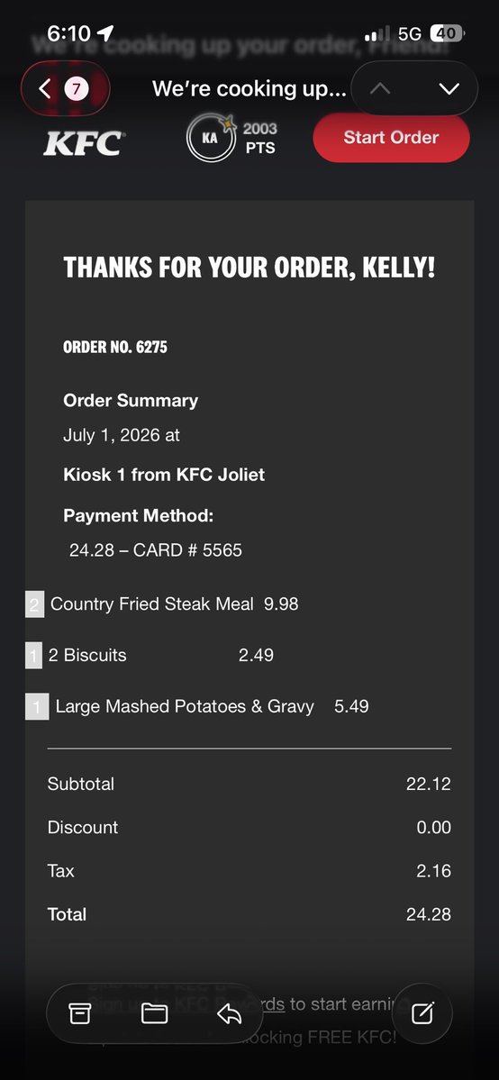 kellyardan's tweet photo. @TellTheColonel  this math doesn’t math. Where’s the extra $4.16 on the subtotal coming from?! Can I get a refund? https://t.co/kuOCwONLfx