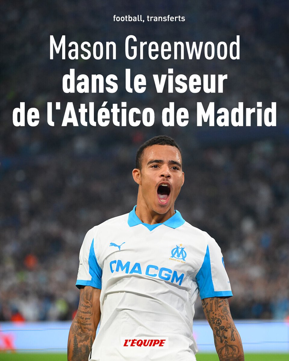 lequipe's tweet photo. Mercato : l'attaquant de l'OM Mason Greenwood dans le viseur de l'Atlético de Madrid
➡️ https://t.co/KSpVTedghk https://t.co/h0XNDmsHxG