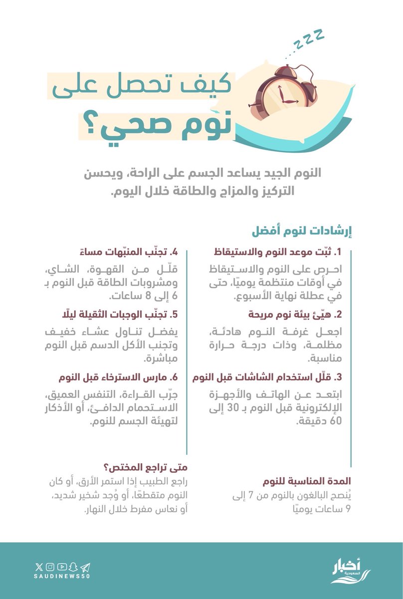 SaudiNews50's tweet photo. كيف تحصل على نوم صحي؟

- https://t.co/H3oQyWbfuK