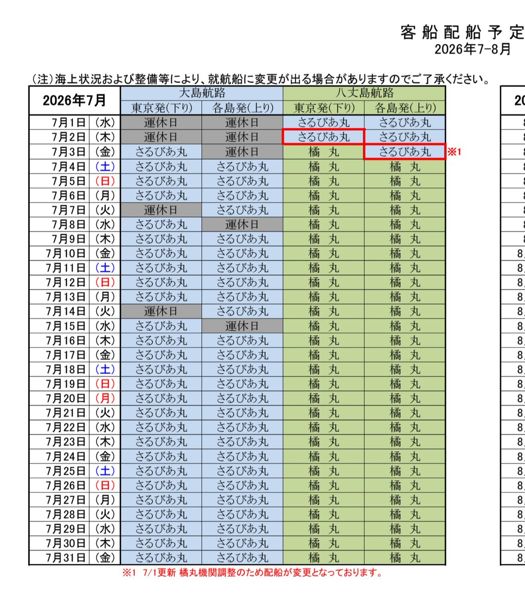 shirokito's tweet photo. 東海汽船の客船配船予定表が更新
今晩（7月2日）竹芝発の三宅島・御蔵島・八丈島航路が橘丸→さるびあ丸に変更
橘丸、早く良くなって欲しいです。
関係者の皆様、お疲れ様です。
https://t.co/a05D7e7EZV https://t.co/8TPf4fzZnX