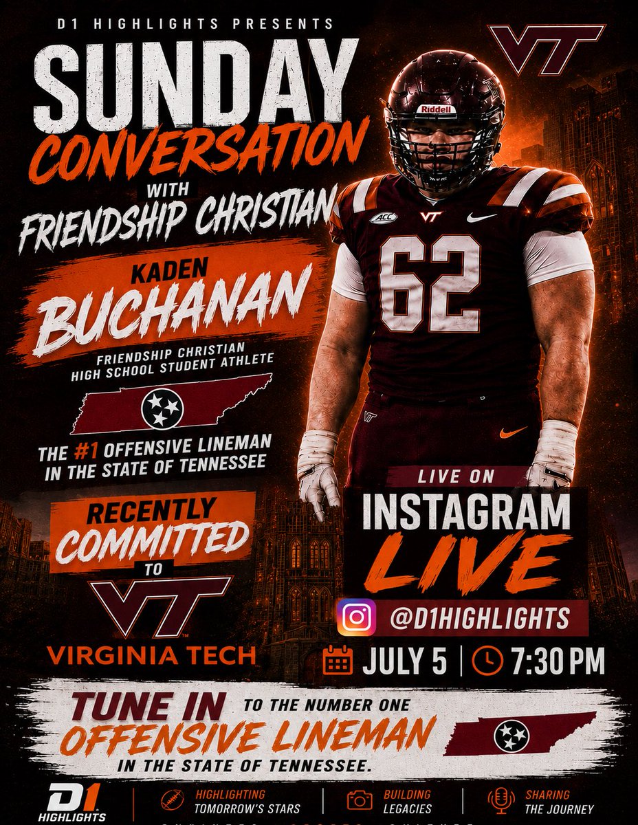 d1highlights's tweet photo. 🚨BREAKING NEWS🚨

We are locked in with the newest commitment headed to @HokiesFB . 

Make sure you’re following us on Instagram to hear what he’s been up to this off-season. How he’s preparing to make a state championship run to close out his senior year, Virginia Tech, and more. #d1highlights #hokies #acc 
@KadenBuchanan77 @OnTopAthletics @thompsmd23 @jbuchanan80