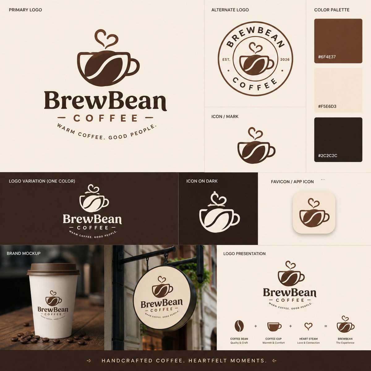 aptosugccreator's tweet photo. For the #8for8 Chaindustry challenge, I designed a full identity system for BrewBean Coffee, a new neighborhood coffee shop.
The mark combines a coffee cup, a bean, and a heart-shaped steam swirl  tying craft, warmth, and connection into one symbol. 

The system includes:
Primary logo with tagline
Circular alternate/badge logo (with "EST. 2026")
Standalone icon/mark
One-color reversed logo for dark backgrounds
Favicon/app icon
Brand mockups on a coffee cup and hanging storefront sign
Logo presentation breaking down the concept

Palette: 
Coffee Brown #6F4E37
Cream #F5E6D3
Dark Brown #2C2C2C 
chosen to feel handcrafted and inviting, working cleanly across cups, signage, and social.
@dsign_mama 
@ChaindustryACD 
@VikSagEmma