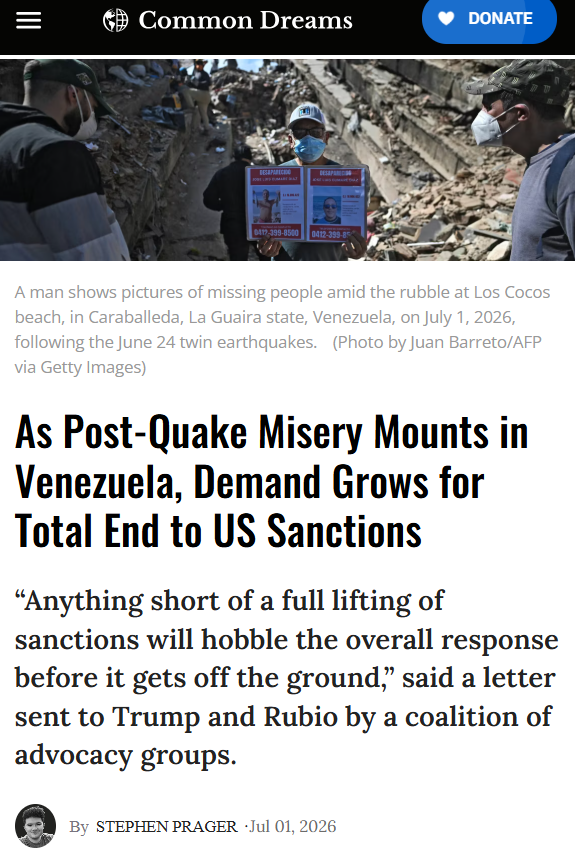 justfp's tweet photo. “As long as sweeping economic sanctions remain in place and Venezuelan assets remain frozen abroad, reconstruction will be unnecessarily delayed, and millions of people will continue to suffer,” said the letter from @JustFP @LAWGaction @ceprdc @QuincyInst @CRLN_LA @PeaceAction https://t.co/tddmfH8fZ0