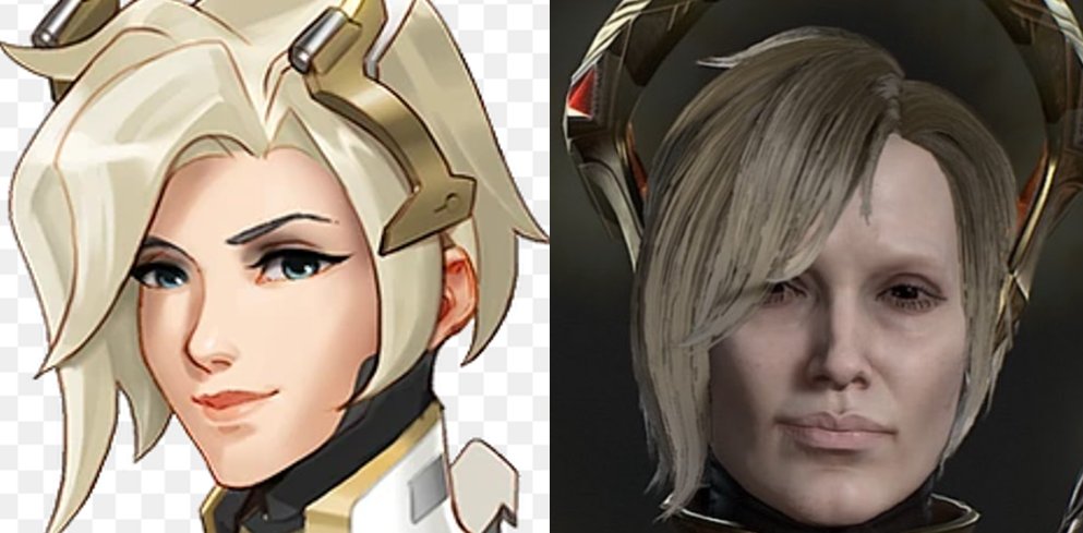 AI_EmeraldApple's tweet photo. Overwatch and Diablo 4 did a collab, and they put Mercy in Diablo 4.

How in the hell does the woman on the left turn into this shriveled-up elderly prune of a person in the image to the right? 
They even made the jawline more masculine. 
Yeah. The Woke industrial complex isn't defeated. It's still here, uglifying everything to the point of absurdity.
